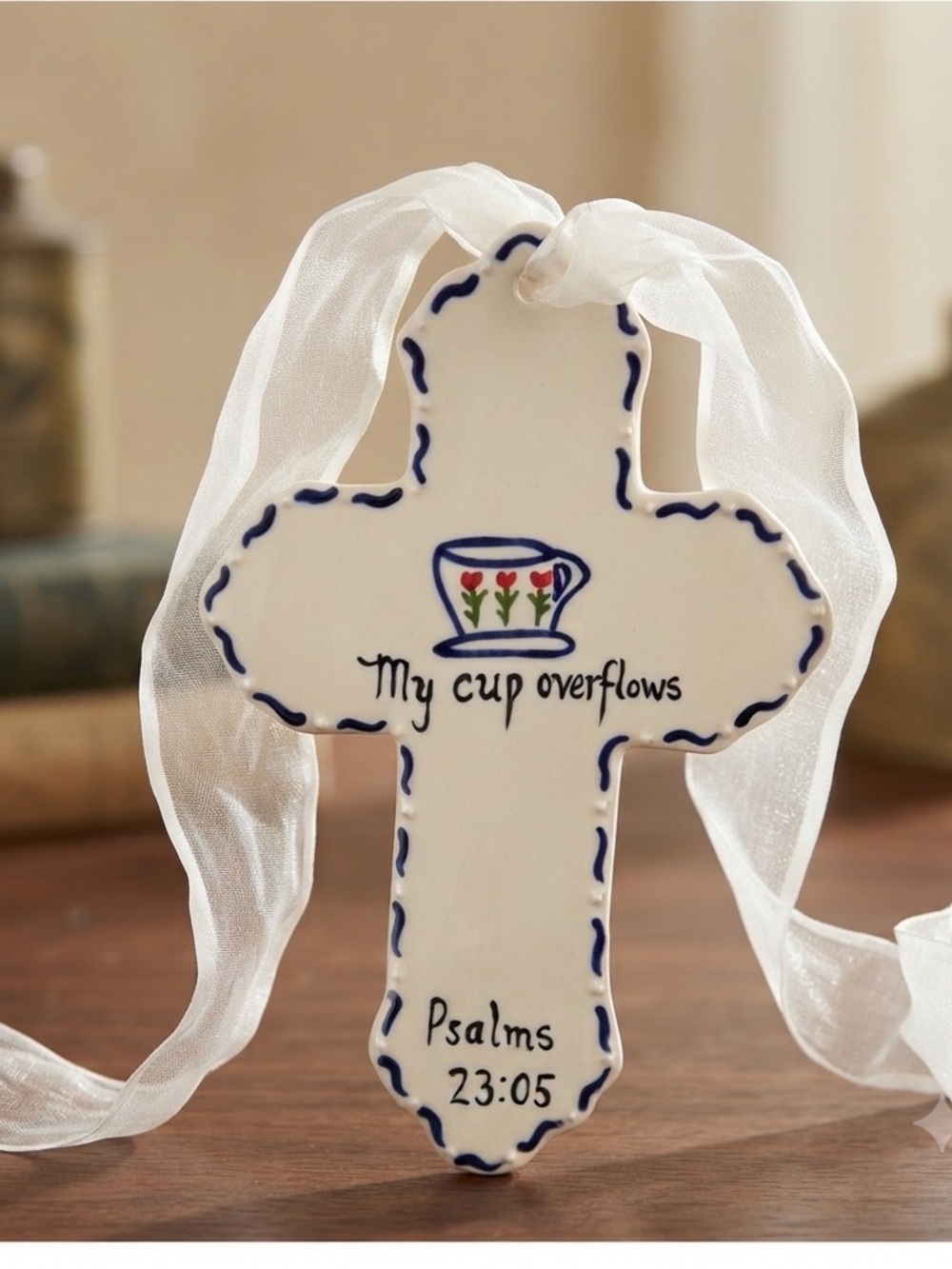 Decorative Cross with Ribbon and Psalm Verse